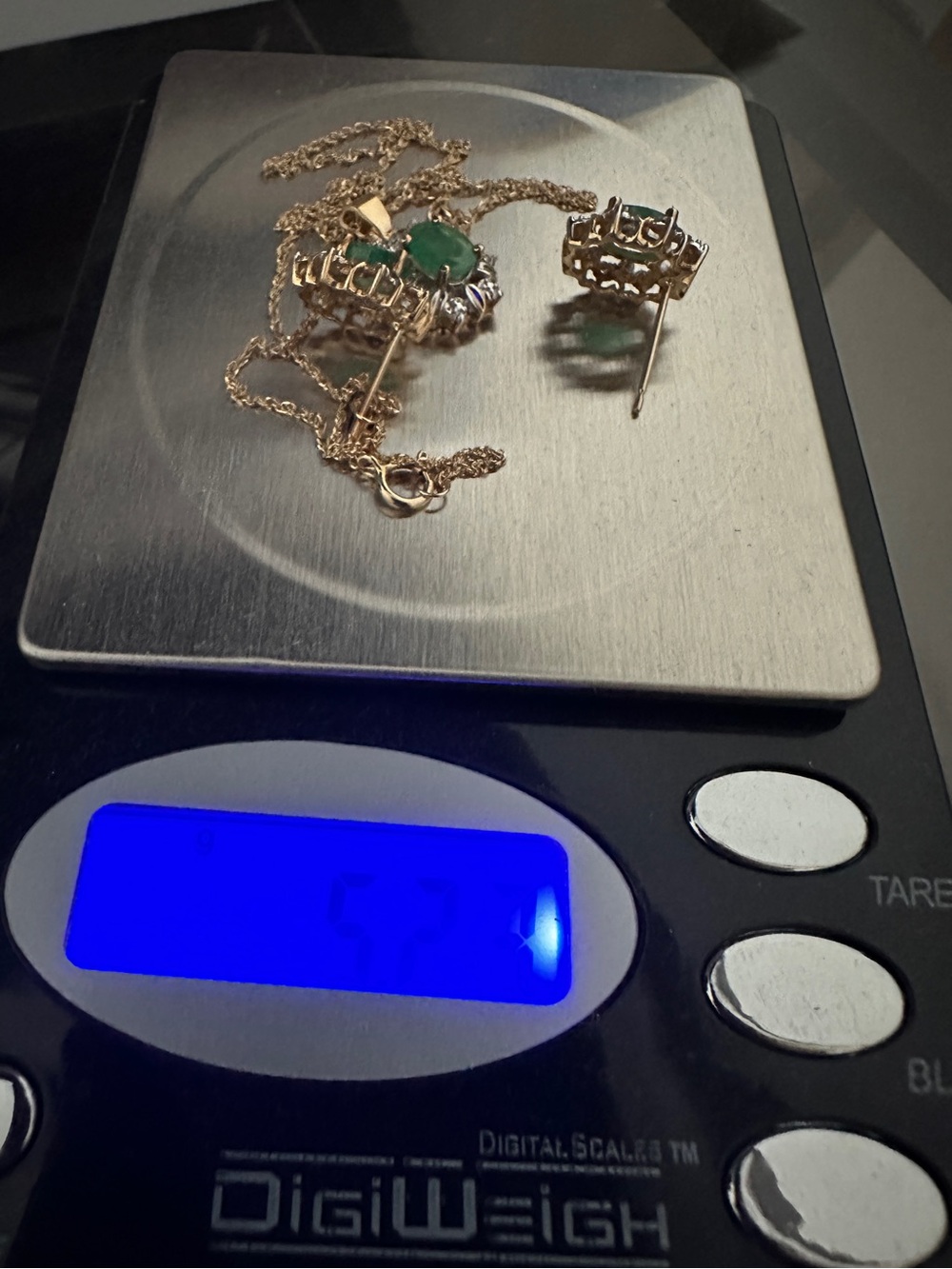 Genuine Emerald and Diamond pendant necklace and earrings set in 14k solid gold - Picture 9 of 9
